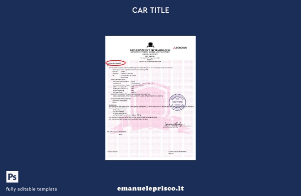 modello di certificato di immatricolazione del veicolo delle Barbados in stile v